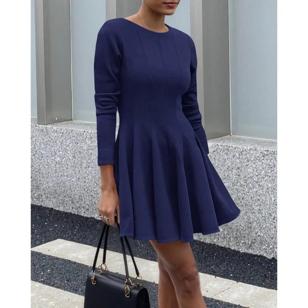 Women Navy High Waist Pleated Flowy A Line Long Sleeve Casual Fall Dress